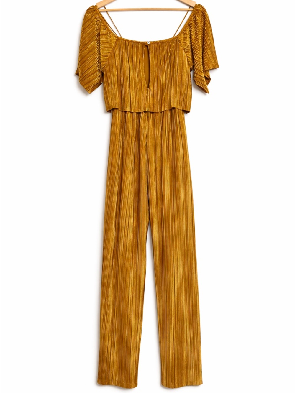 Metallic Gold Pleated Jumpsuit Off Shoulder Wide Leg Party Evening Glam - Picture 3 of 6